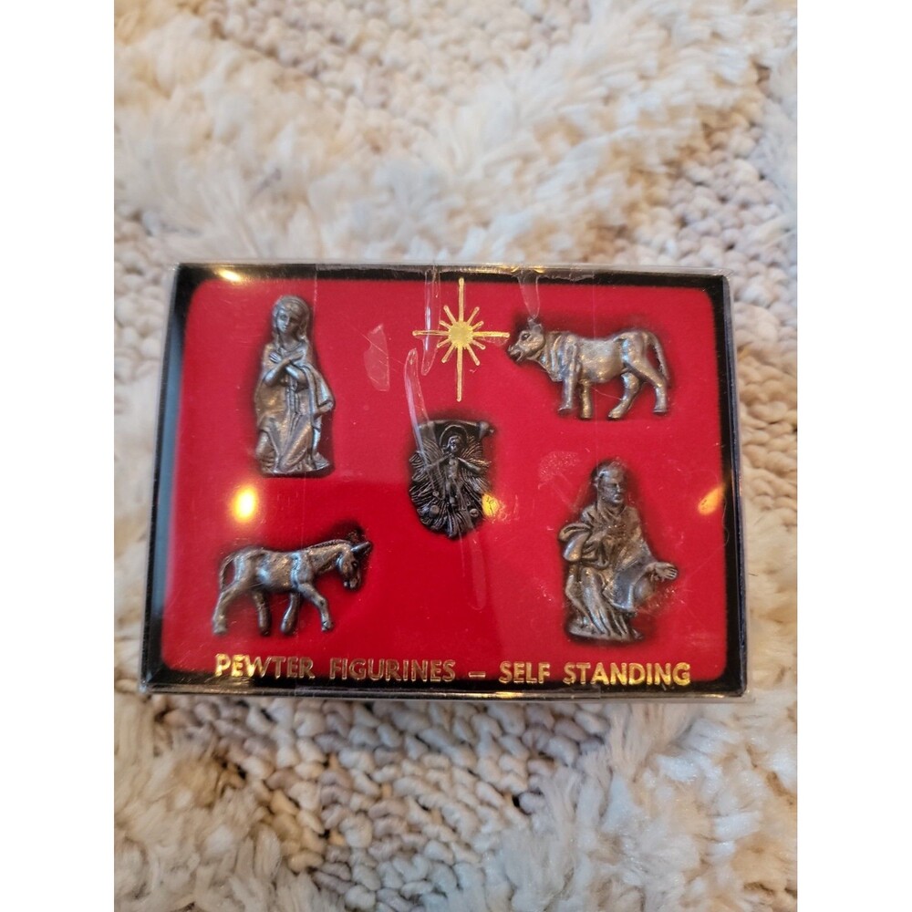 Vintage Christmas Miniature Self Standing Pewter Figurines Nativity Set 5 Pieces